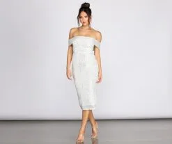 Windsor. Desi Sequin Off Shoulder Midi Dress