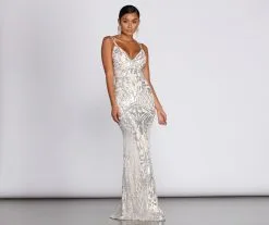 Windsor. Ginger Sequin Mesh Strappy Gown