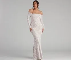Windsor. Sierra Sequin Off The Shoulder Formal Dress