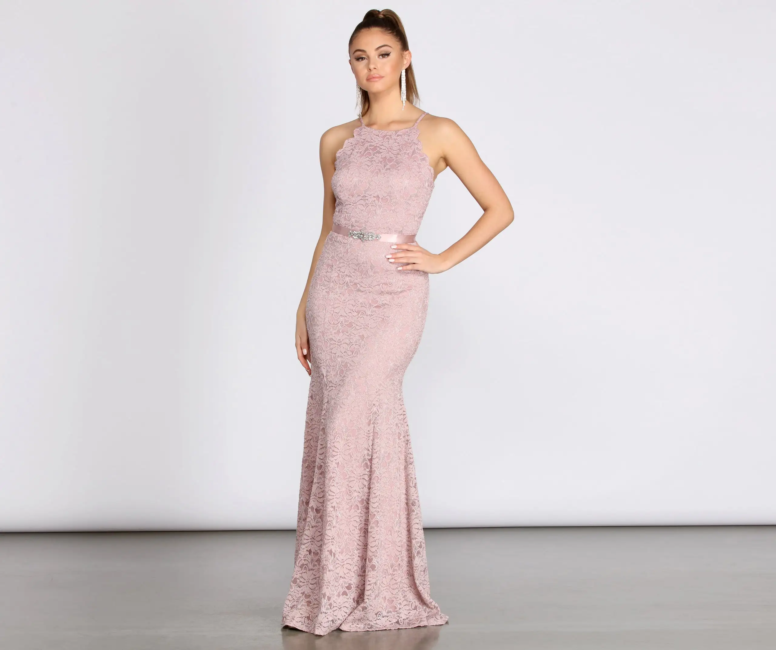 Windsor. Rosella Lace Scallop Rhinestone Ribbon Belt Mermaid Dress 3 Windsor. Rosella Lace Scallop Rhinestone Ribbon Belt Mermaid Dress