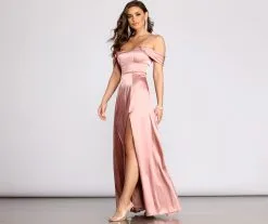 Windsor. Cassia Lace-Up Back Off Shoulder Satin Dress