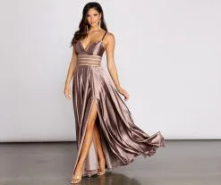 Windsor. Delaney Satin Triple Rhinestone Trim A-Line Dress