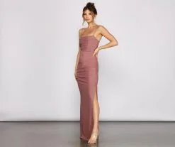 Windsor. Quinn Ruched High Slit Formal Dress