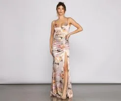 Windsor. Taylor Satin Floral High-Slit Dress