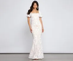 Windsor. Quinn Sequin Scroll Puff Sleeve Dress