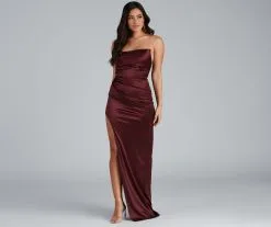 Windsor. Darcy Satin Corset Asymmetrical Slit Formal Dress