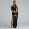 Windsor. Evette Glitter One-Shoulder Slit Formal Dress