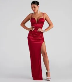 Windsor. Jessa Formal Satin V-Neck Slit Dress