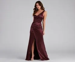 Windsor. Darlene Formal Satin Wrap Slit Long Dress