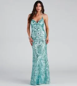Windsor. Aliyah Formal Sequin Lace Back Dress