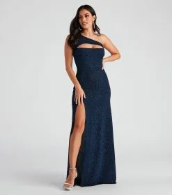 Windsor. Alanna One-Shoulder Glitter Knit Formal Dress