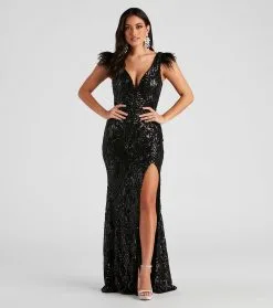 Windsor. Elle Formal Sequin Feather Long Dress