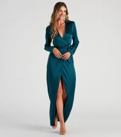 Windsor. Leona Wrap-Front Satin Formal Dress