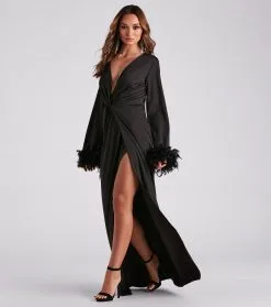 Windsor. Rochelle Long Sleeve Feather Trim Formal Dress -Formal Dresses Online Shop 05002 5566 3