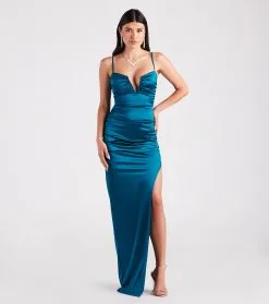 Windsor. Jessa Formal Satin V-Neck Slit Dress -Formal Dresses Online Shop 05002 7029 1 3325f496 9798 4481 b688 cee47b0baef7