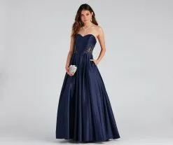 Windsor. Tinsley Embroidered Pleated Satin Ball Gown