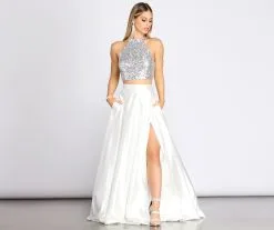 Windsor. Atara Iridescent Sequin Two Piece Satin Dress