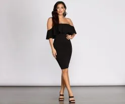 Windsor. Crepe Off Shoulder Fold Over Midi Dress