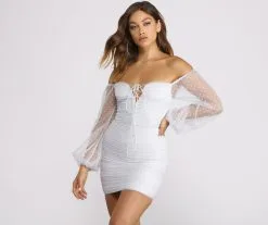 Windsor. Off The Shoulder Ruched Dotted Mini Dress