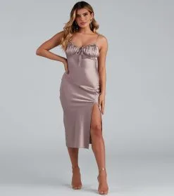 Windsor. Rare Find Satin Ruched Slip Midi Dress