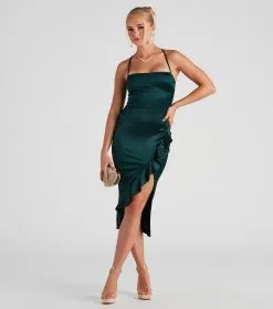 Windsor. Dinner Party Satin Ruffle Midi Dress -Formal Dresses Online Shop 05101 1538 1