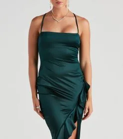 Windsor. Dinner Party Satin Ruffle Midi Dress -Formal Dresses Online Shop 05101 1538 4