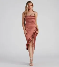 Windsor. Dinner Party Satin Ruffle Midi Dress -Formal Dresses Online Shop 05101 1547 1