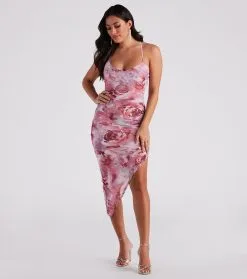 Windsor. Dreamy Floral Ruched Mesh Midi Dress
