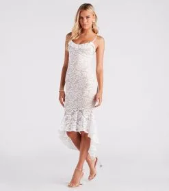 Windsor. Romance Alert Lace Ruffle High-Low Midi Dress