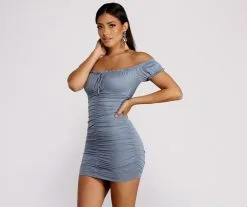 Windsor. Oh So Dainty Ruffle Trim Off Shoulder Ruched Mini Dress