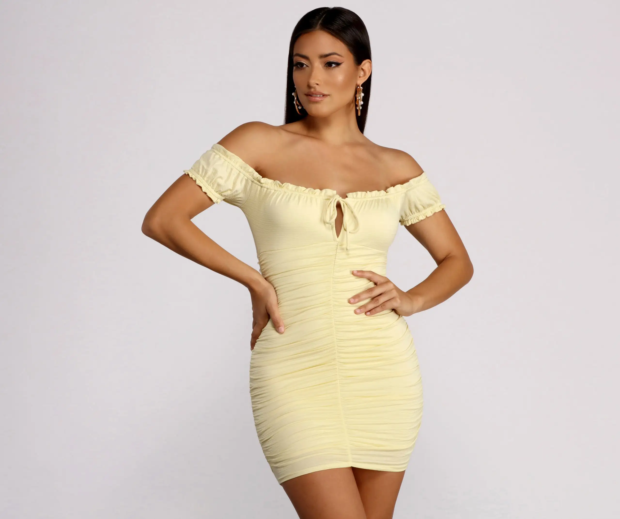 Windsor. Oh So Dainty Ruffle Trim Off Shoulder Ruched Mini Dress 7 Windsor. Oh So Dainty Ruffle Trim Off Shoulder Ruched Mini Dress - Image 5