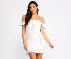 Windsor. Ruffle Detail Eyelet Off The Shoulder Mini Dress