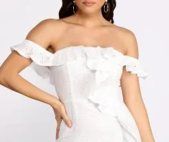 Windsor. Ruffle Detail Eyelet Off The Shoulder Mini Dress -Formal Dresses Online Shop 05102 0764 3