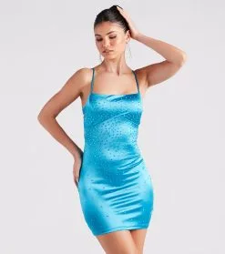 Windsor. Going Out Glam Satin Rhinestone Lace-Up Dress