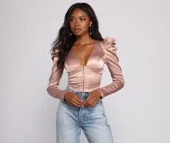 Windsor. Chic Satin Puff Shoulder Corset Top