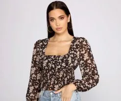 Windsor. Floral Charm Smocked Long Sleeve Top