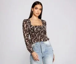 Windsor. Floral Charm Smocked Long Sleeve Top -Formal Dresses Online Shop 06003 1066 4