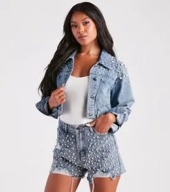 Windsor. Trendy Glam Vibe Pearl Denim Jacket